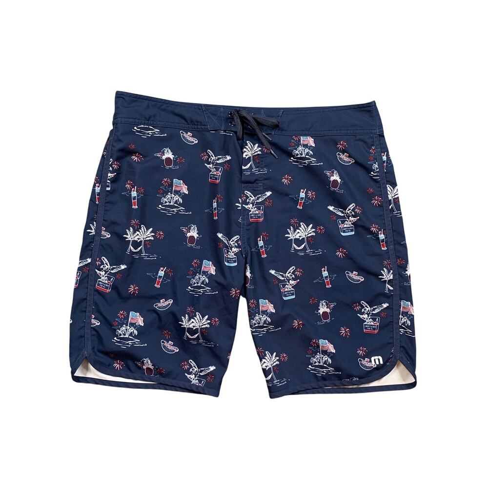 Travis Mathew Board Shorts Mens 36 Blue Sweet Land Of Beer Beach Swim Surf